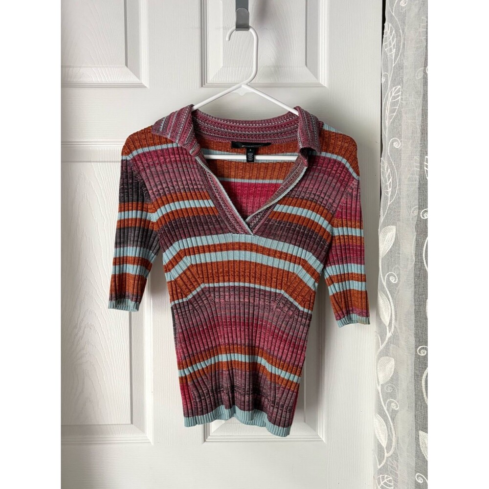 White House Black Market Elbow-Sleeve Space-Dye Henley knit stripe Top size S